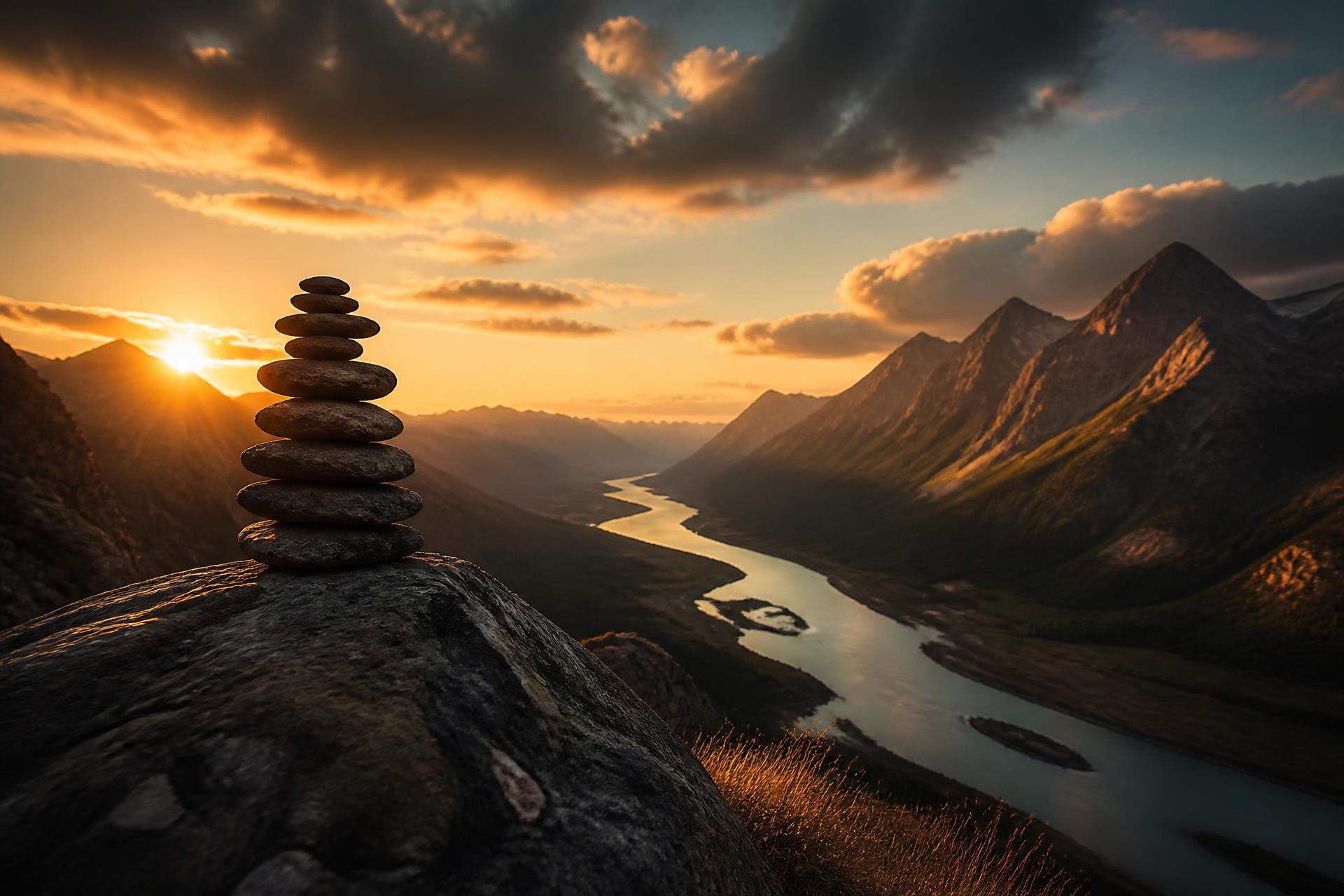 A cairn of balanced stones overlooking a mountain valley at golden hour