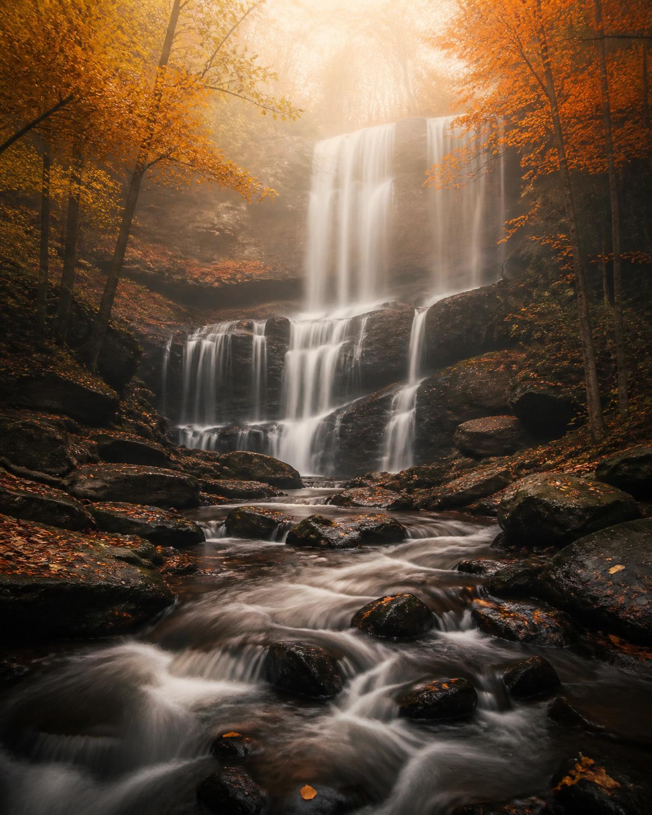 Misty autumn forest waterfall